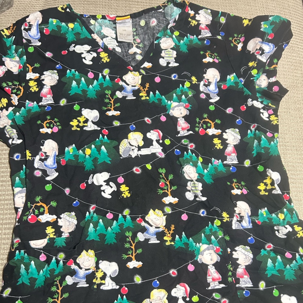 Snoopy scrub top Christmas Black with Multicolor Print